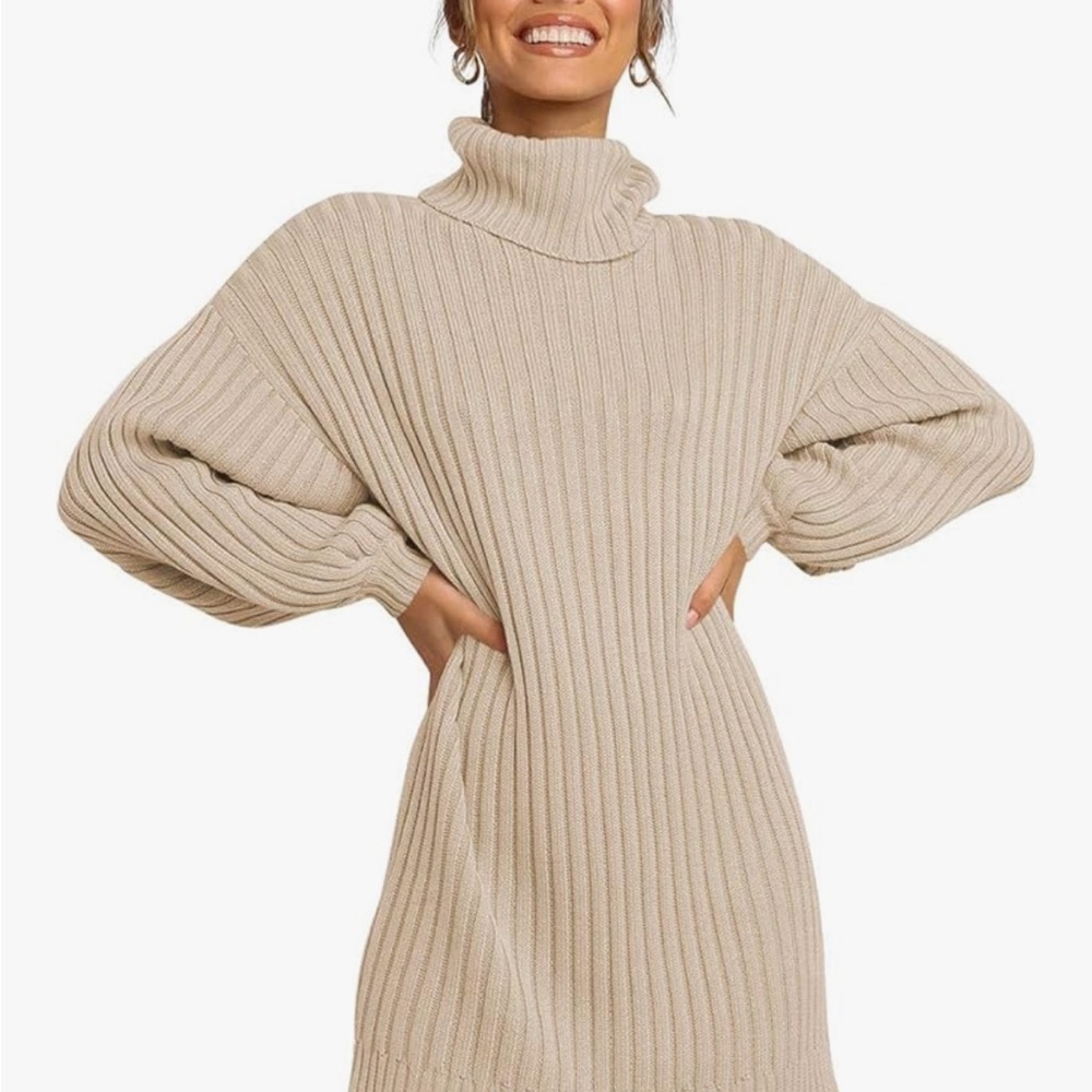 Cozy Ribbed Turtleneck Sweater Dress - Beige